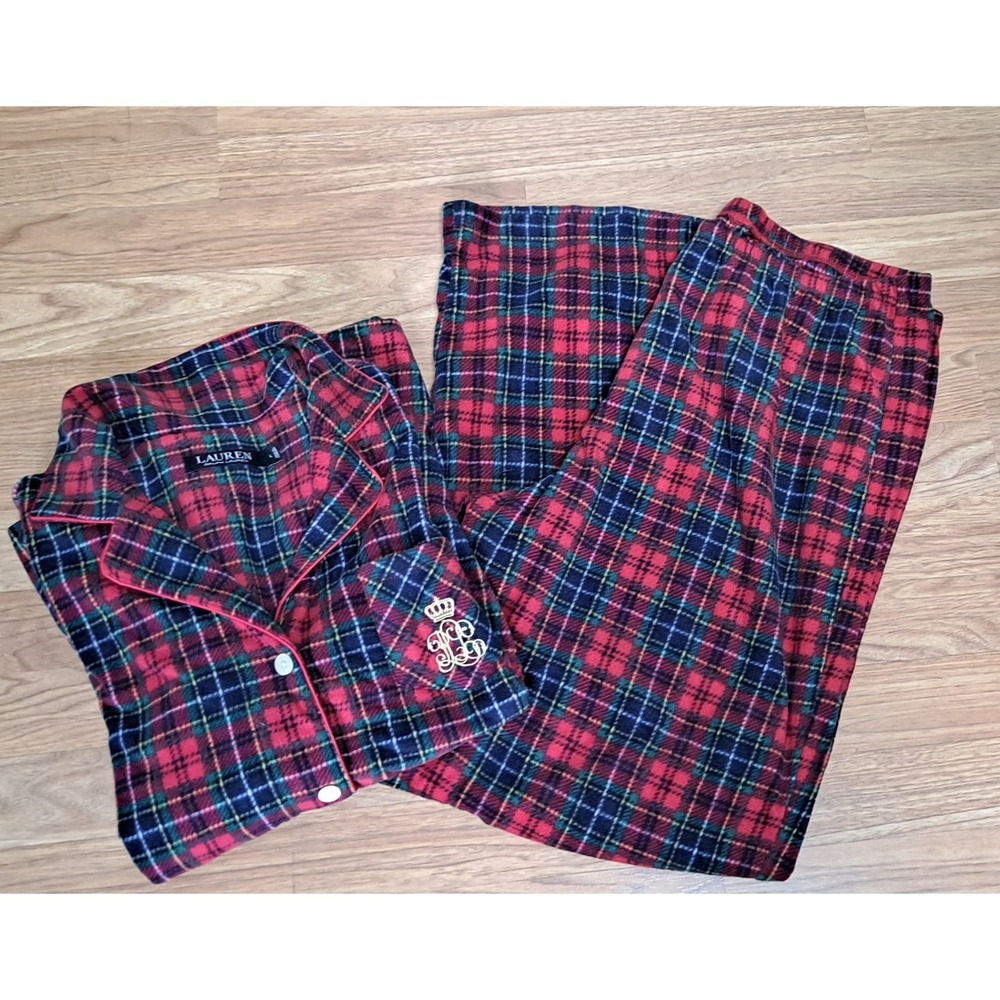 LRL Lauren Ralph Lauren L‎ Flannel PJ Set Plaid Red Pajamas Black Label